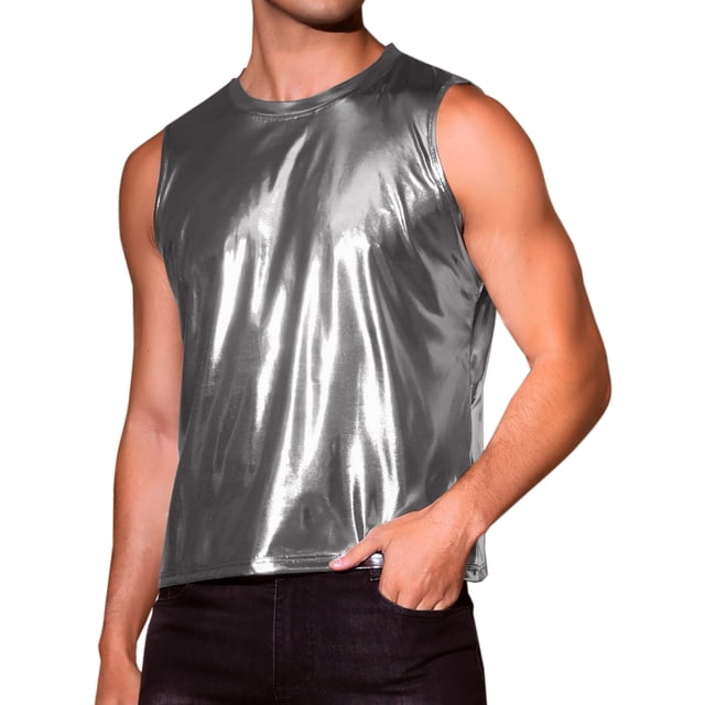 Camisetas sin mangas metálicas INSPIRE CHIC para hombres, camiseta holográfica, chaleco brillante para fiesta disco, 2XL gris plateado