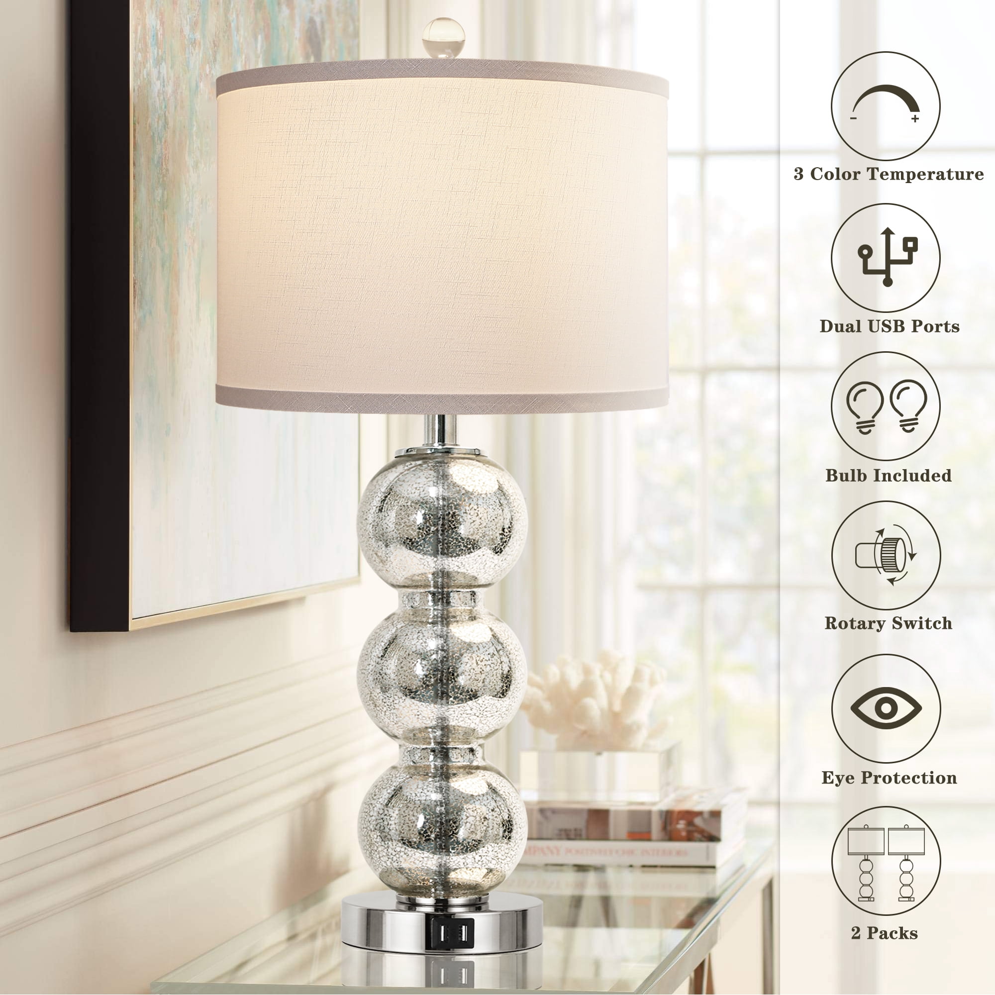27" Glass Table Lamps Set of 2 for Bedroom Living Room Office (Bulbs Included)