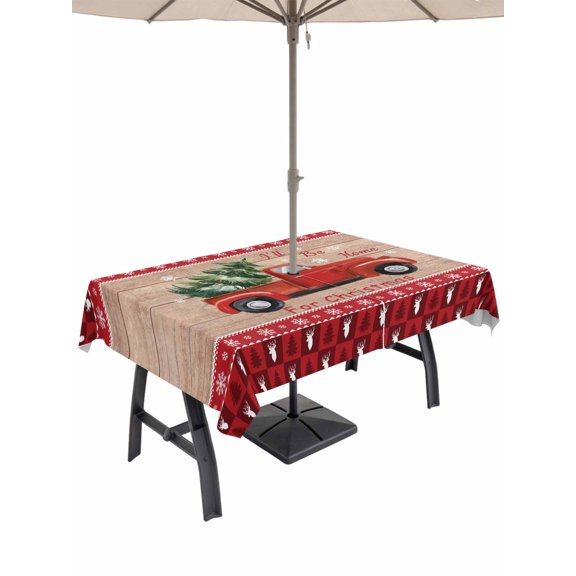 Outdoor Tablecloth with Umbrella Hole and Zipper, Red Christmas Truck Rectangle Table Cloth 60x84 Inch Waterproof Tablecloth, Xmas Tree Snowflake Plaid Wooden Picnic Table Cover for Patio Camping