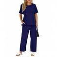 thumbnail image 3 of UPPADA 2 Piece Beach Sets for Women 2 Piece Lounge Sets Summer Travel Sweat Outfits Short Sleeve Wide Leg Casual Matching Tracksuits Sets Navy,XL, 3 of 6