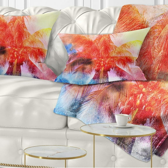 Designart Retro Palms Red Watercolor - Trees Painting Throw Pillow - 12x20