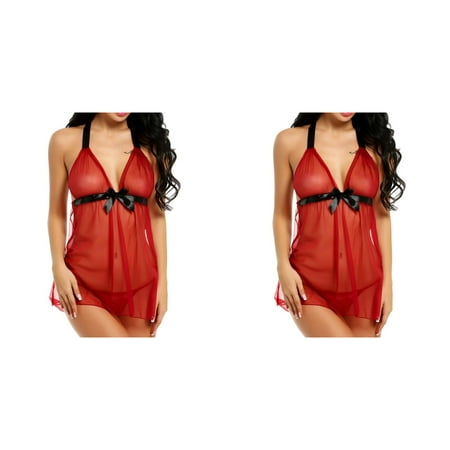 Wijhcboe 2 Pack Lingerie Holiday Lingerie for Women plus Size For Women Lace Chemise Negligees Sexy Exotic Nightgowns Halter Nighties Sheer Mesh Nightwear (1PC Nightdress+1PC Underpants) Valentines