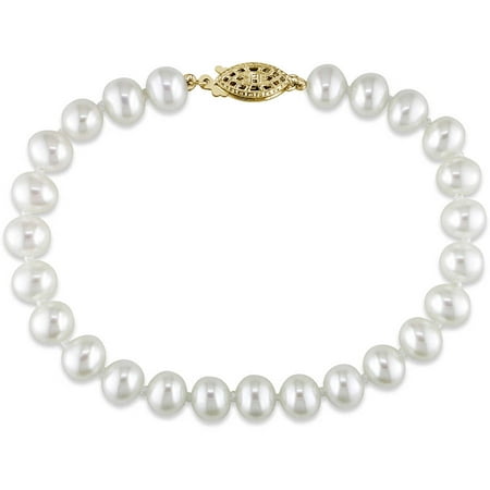 Miabella 6-7mm White Cultured Freshwater Pearl 14kt Yellow Gold Strand Bracelet, 7.25