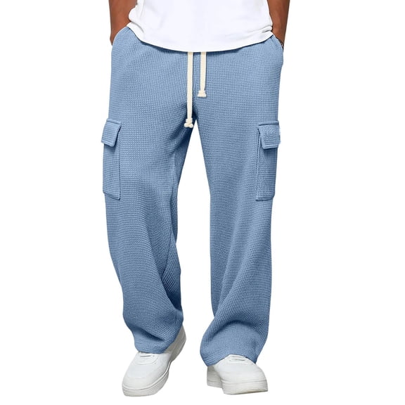 Simua Men's Casual Waffle Knit Cargo Pants Elastic Drawstring Waist with Pockets for Daily Outdoor Vacation All Season Wear