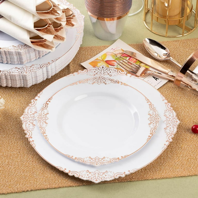175PCS Rose Gold Plastic Plates for 25 Guests, Disposable