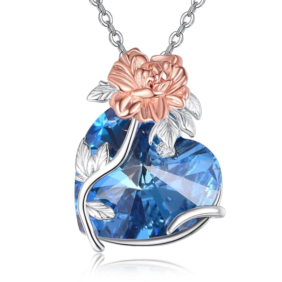 TANGPOET Valentines Day Gifts for Women Rose Necklace for Women Sterling Silver Sapphire Rose Heart Pendant Necklace Flower Jewelry Anniversary Birthday Gift for Wife Her Mom