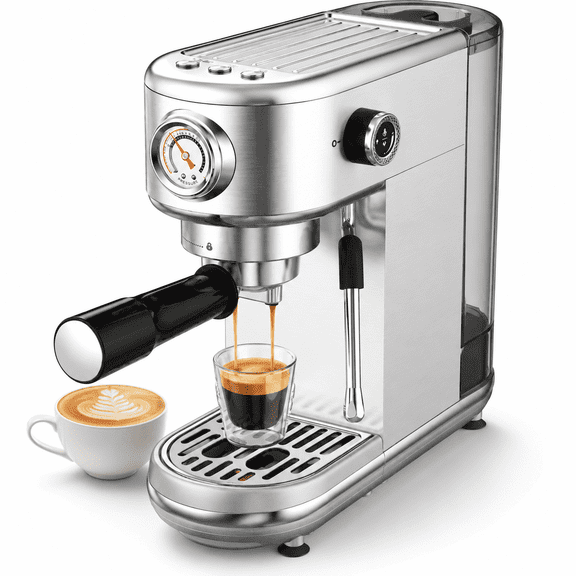 20 Bar Espresso Machine with Milk Frother, Steam Wand & Pressure Gauge, Amumu Compact Stainless Steel Coffee Maker for Cappuccino & Latte, Silver