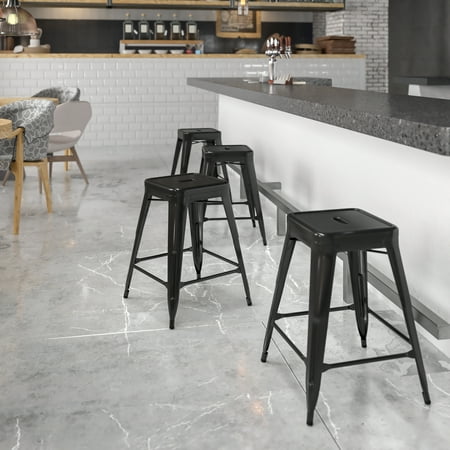 Flash Furniture Commercial Grade 24" High Backless Black Metal Indoor-Outdoor Counter Height Stool with Square Seat