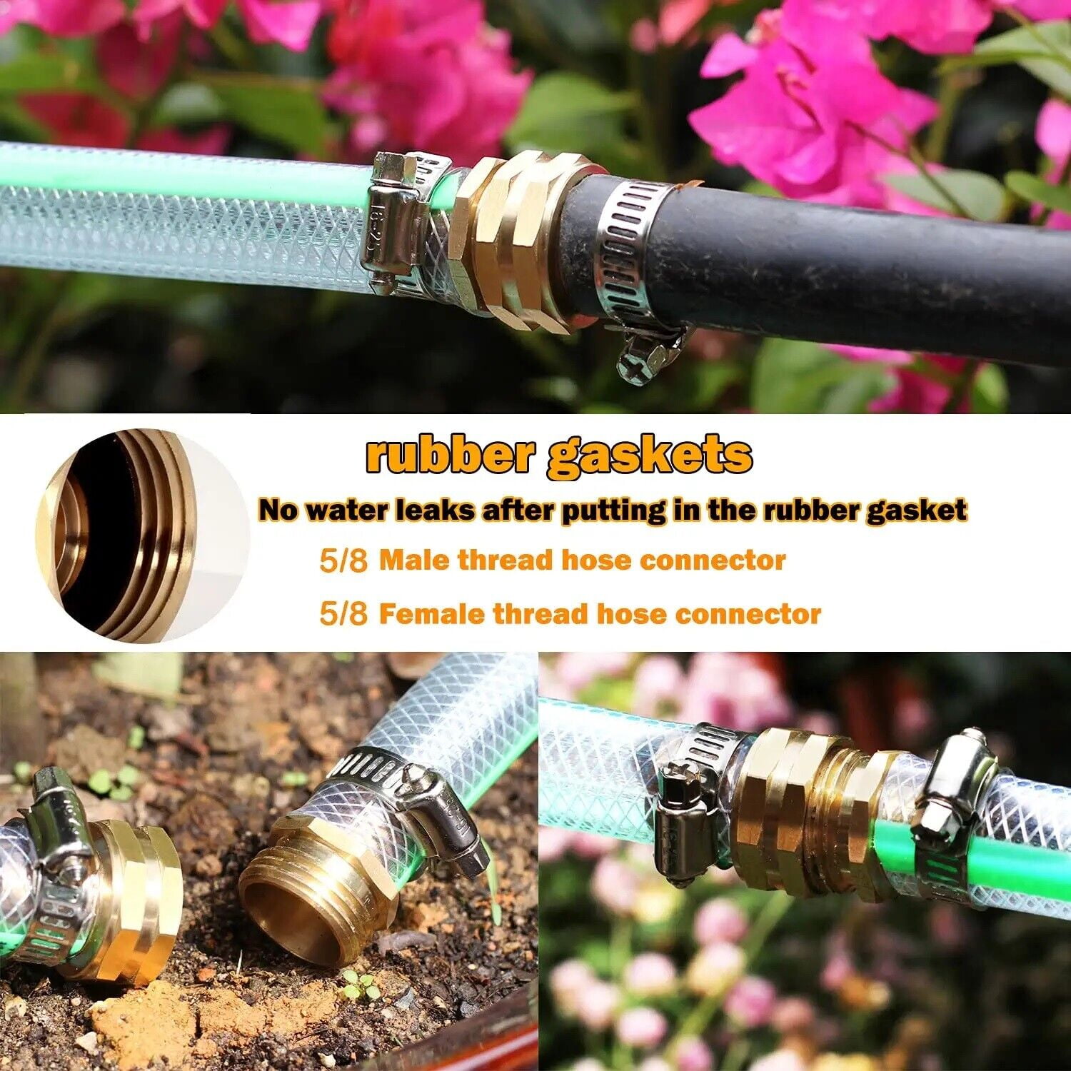 Garden Hose Repair Connector with Clamps for 3/4" 5/8" Garden Hose Fitting