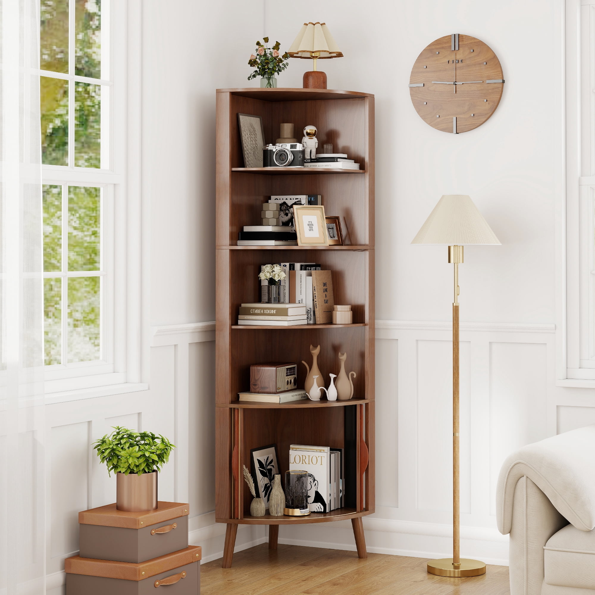 Diubas 66.73'' Tall Fluted Floor Corner Cabinet, Farmhouse Storage Cabinet with 2 Doors and 5 Storage Shelves for Living Room, Kitchen, Study Room, Walnut