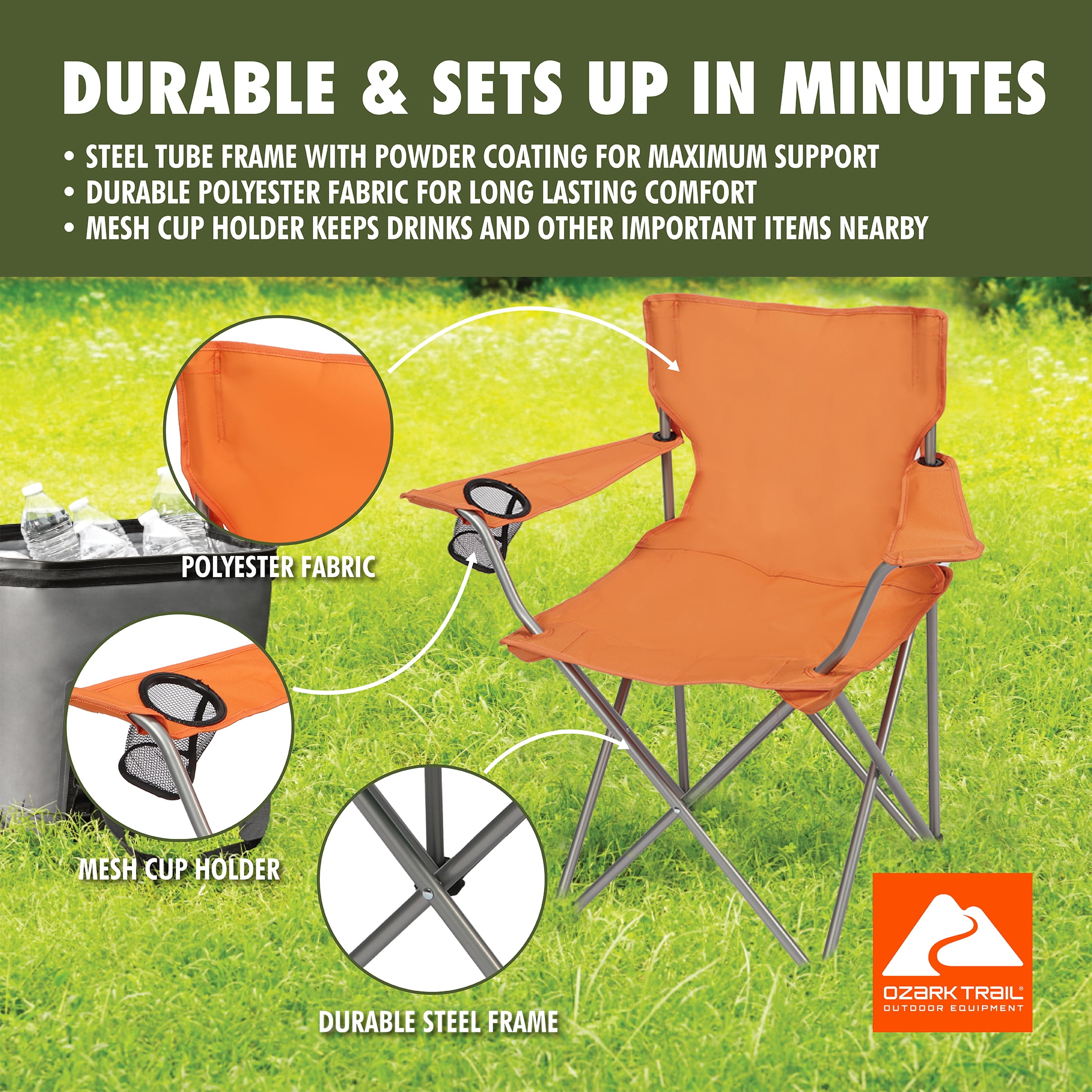Ozark Trail Quad Folding Camp Chair with Cup Holder, Burnt Orange