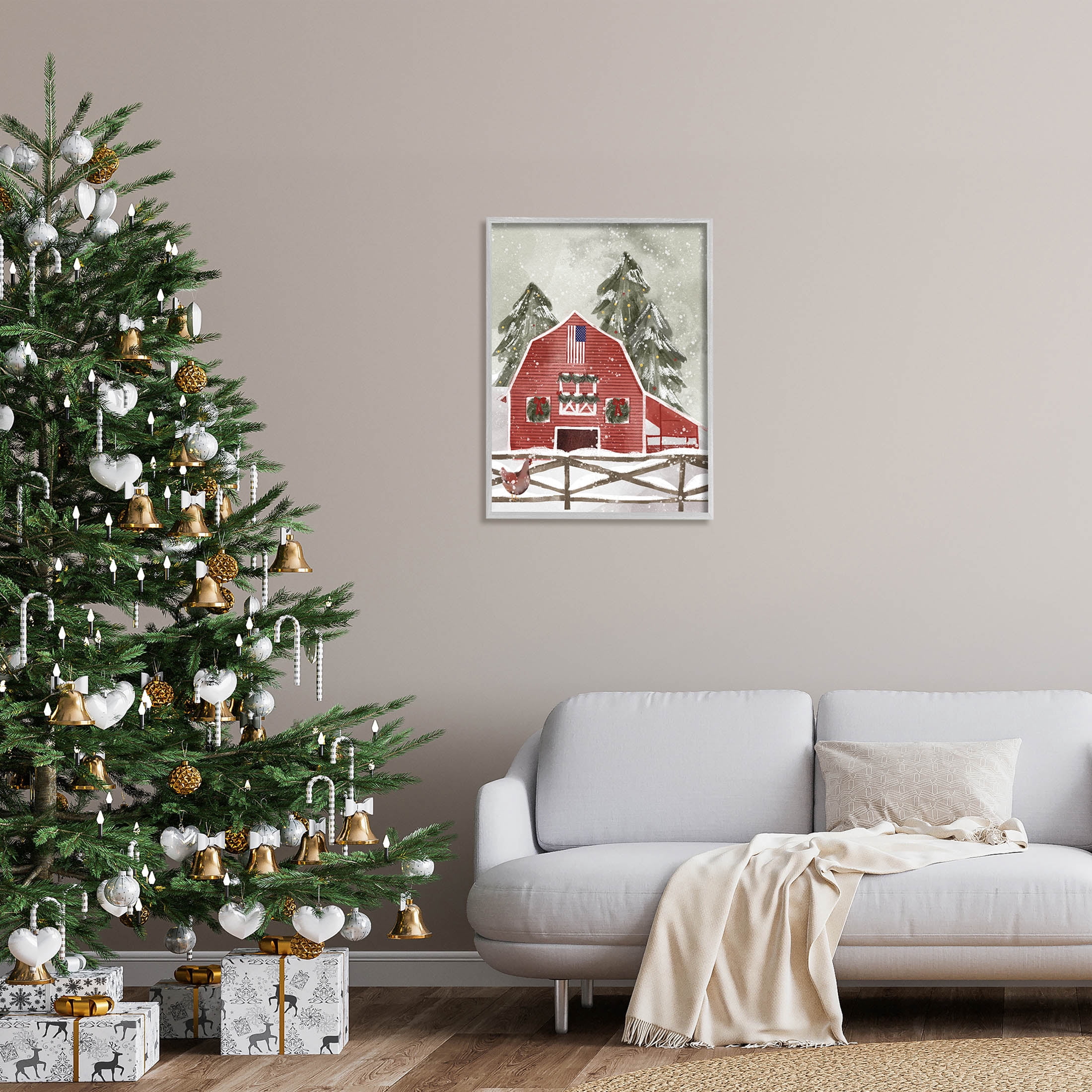 Snowy Country Barn American Flag Holiday Graphic Art Gray Framed Art Print Wall Art