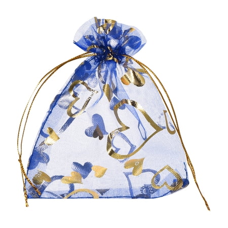 Uxcell Organza Bag Sheer Heart Mesh Bags Drawstring Gift Bags Bulk Party Favor Bags Jewelry Pouches Bright Blue-Gold 3.5 x 4.7