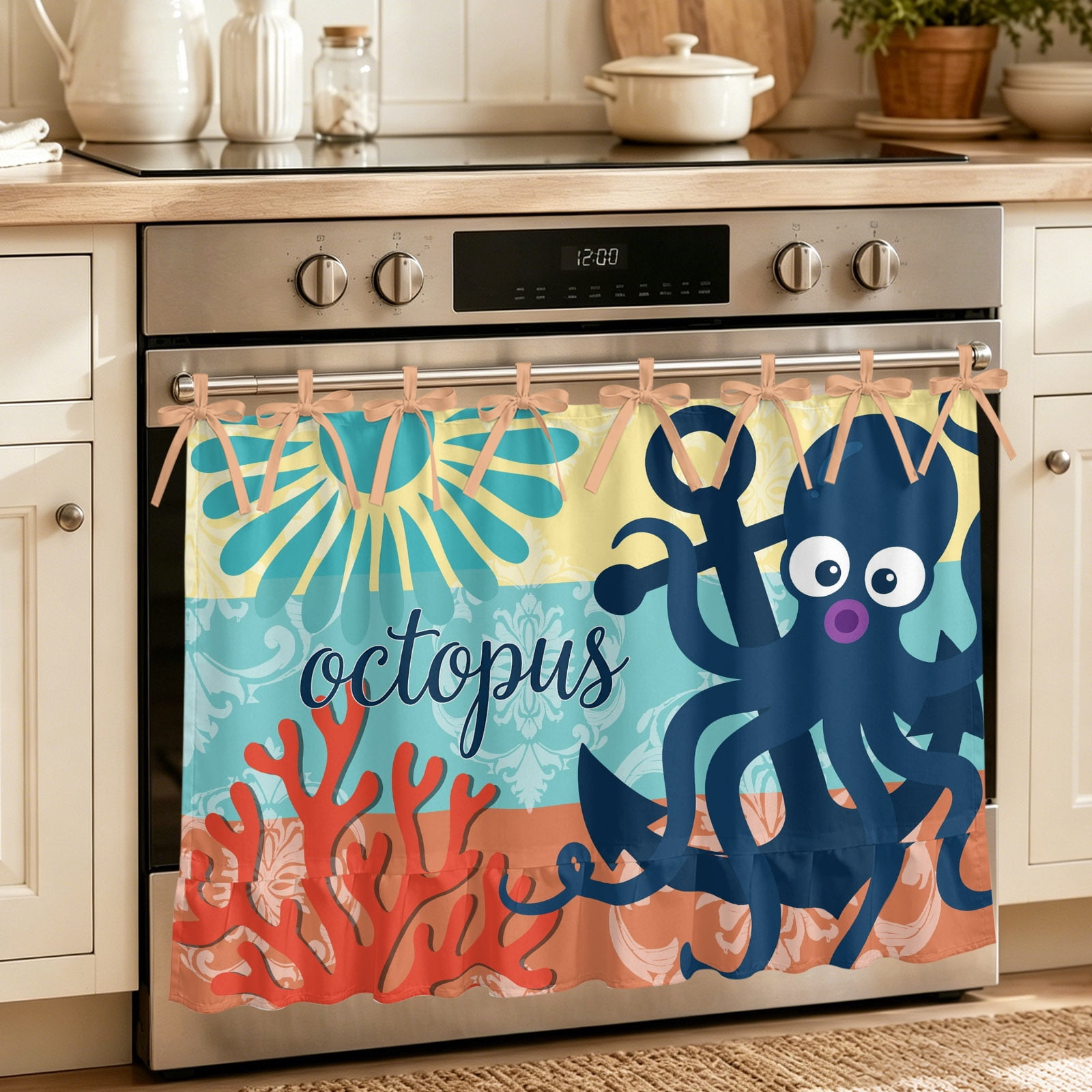 Navy Blue Octopus Coastal Oven Skirt for Farmhouse Kitchen D&eacute;cor Anchor Coral Summer Ocean Sea Oven Curtain Tie Top Decorative Stove Skirt Cabinet Dish Washer Curtains with 8 Ribbon Ties 32 x24