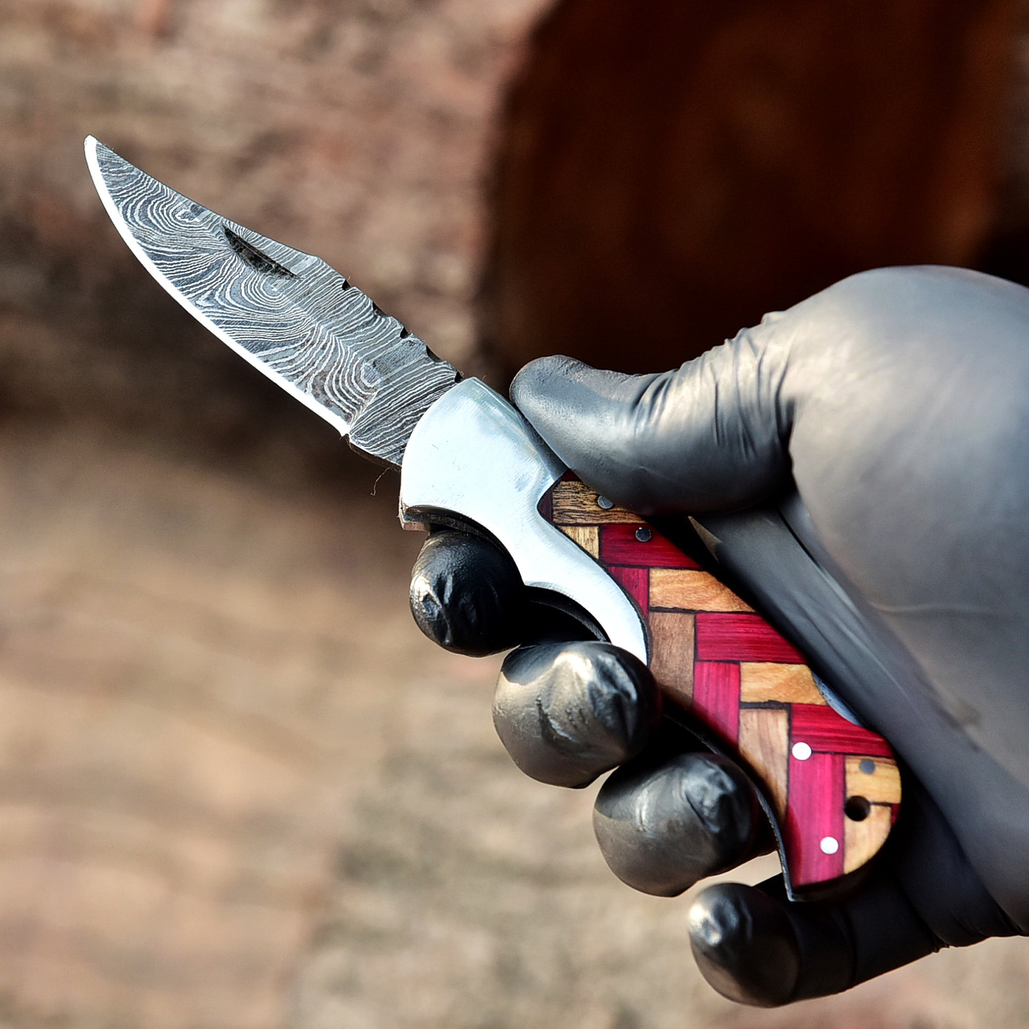Custom Handmade Damascus Steel Folding Knife/Pocket Knife SS-170479(Red and Olive  Wood)