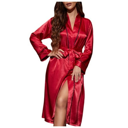 Gnurob Women s Satin Robe Valentines Lingerie for Women Kimono Bathrobe Belted Robes Bridesmaids Sleepwear Long Loungewear Pajamas Cozy Nightgowns Housecoat Clearance Saving Red X-Large