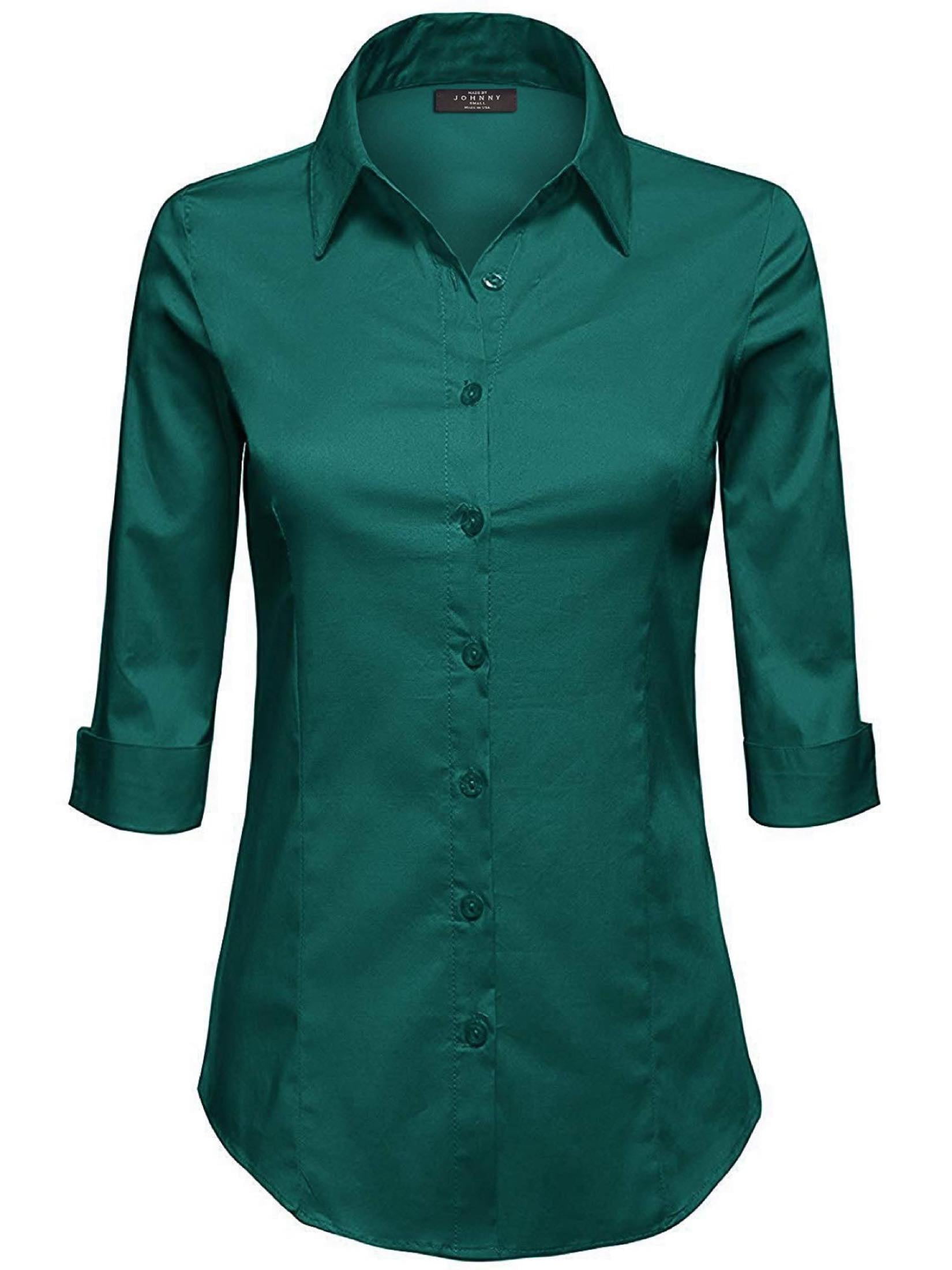 MBJ WT1947 Womens 3/4 Sleeve Tailored Button Down Shirts L HUNTER_GREEN