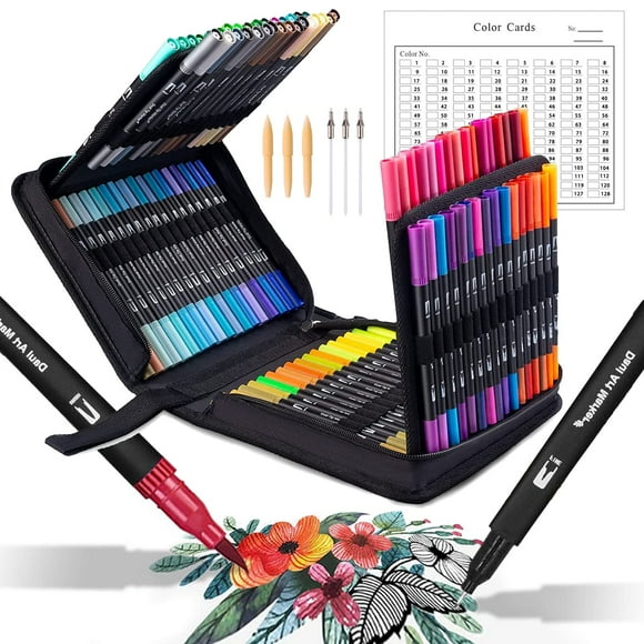 Rainbow Art Dual Tip Brush Pen Set - 120 Vibrant Colored Markers for Calligraphy, Coloring, Drawing - Watercolor Felt Tip Pens - Ideal for Adults, Kids, Students - Planner, Calendar, Sketching