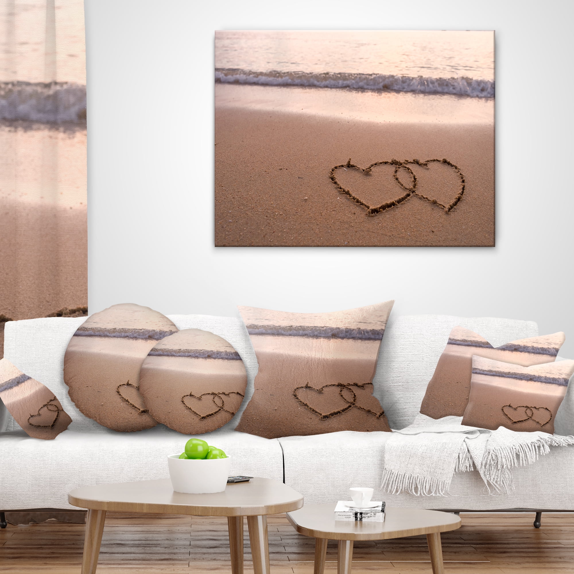 Designart Two Hearts Drawn on the Beach - Seascape Throw Pillow - 12x20