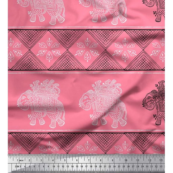 Soimoi Cotton Duck Fabric Floral & Elephant Block Printed Fabric 1 Yard 42 Inch Wide