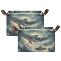 Yayeee Foldable Storage Basket for Shelves with Handles Set of 2 Waterproof Cloth Bins, Beige Floating Whale