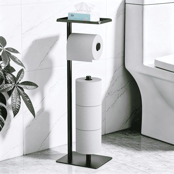 Mibote Toilet Paper Holder Free Standing with Storage Shelf, Metal Bathroom Tissue Holder for 4 Rolls, Matte Black