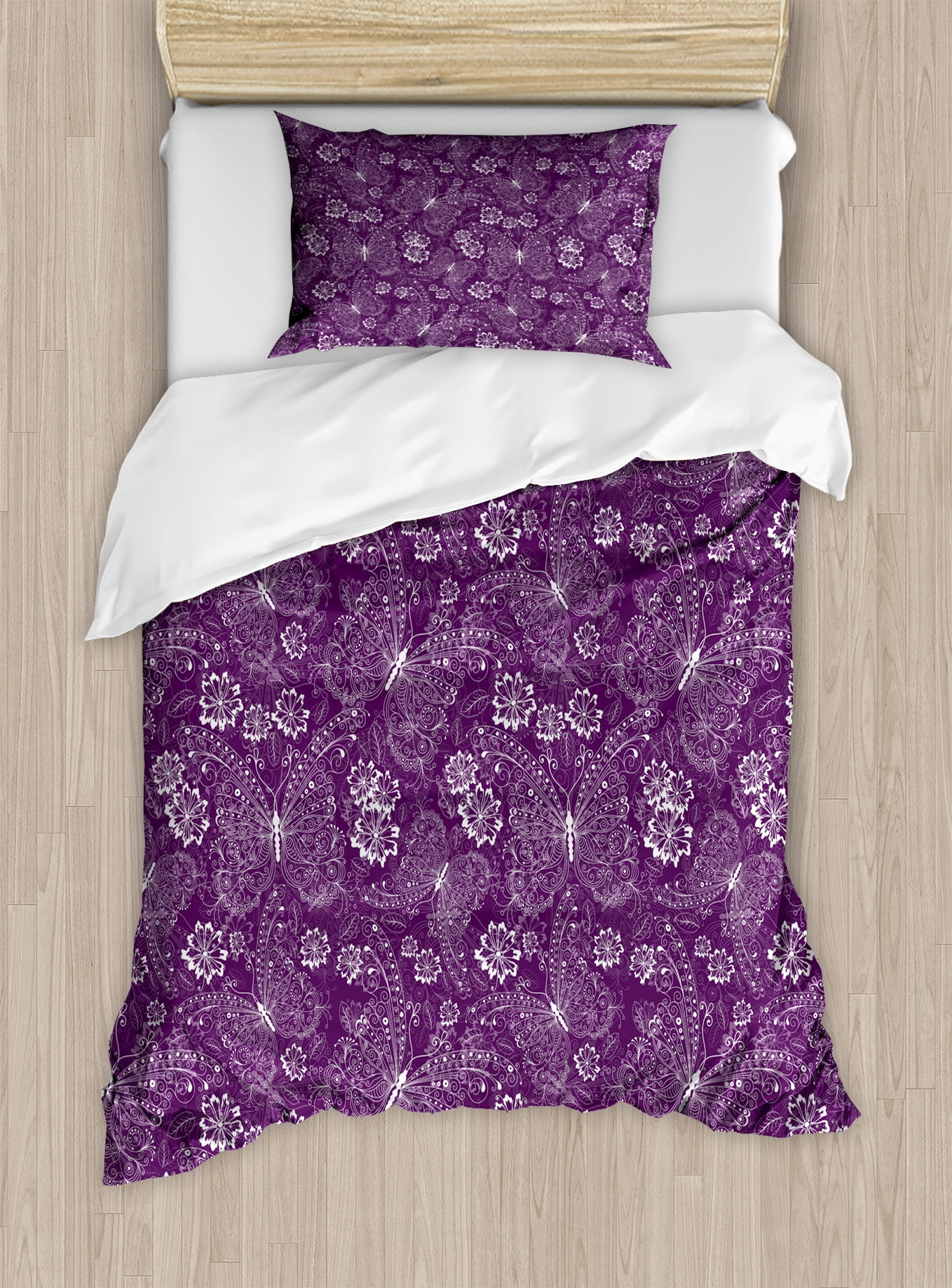 Plum Duvet Cover Set, Floral Romantic Pattern with Vintage ...