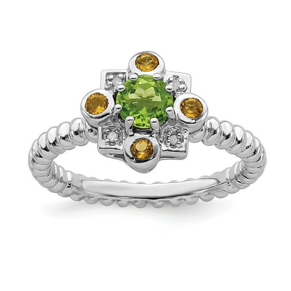925 Sterling Silver Stackable Expressions Peridot; Citrine & Diamond Ring Size: 9; for Adults and Teens; for Women and Men
