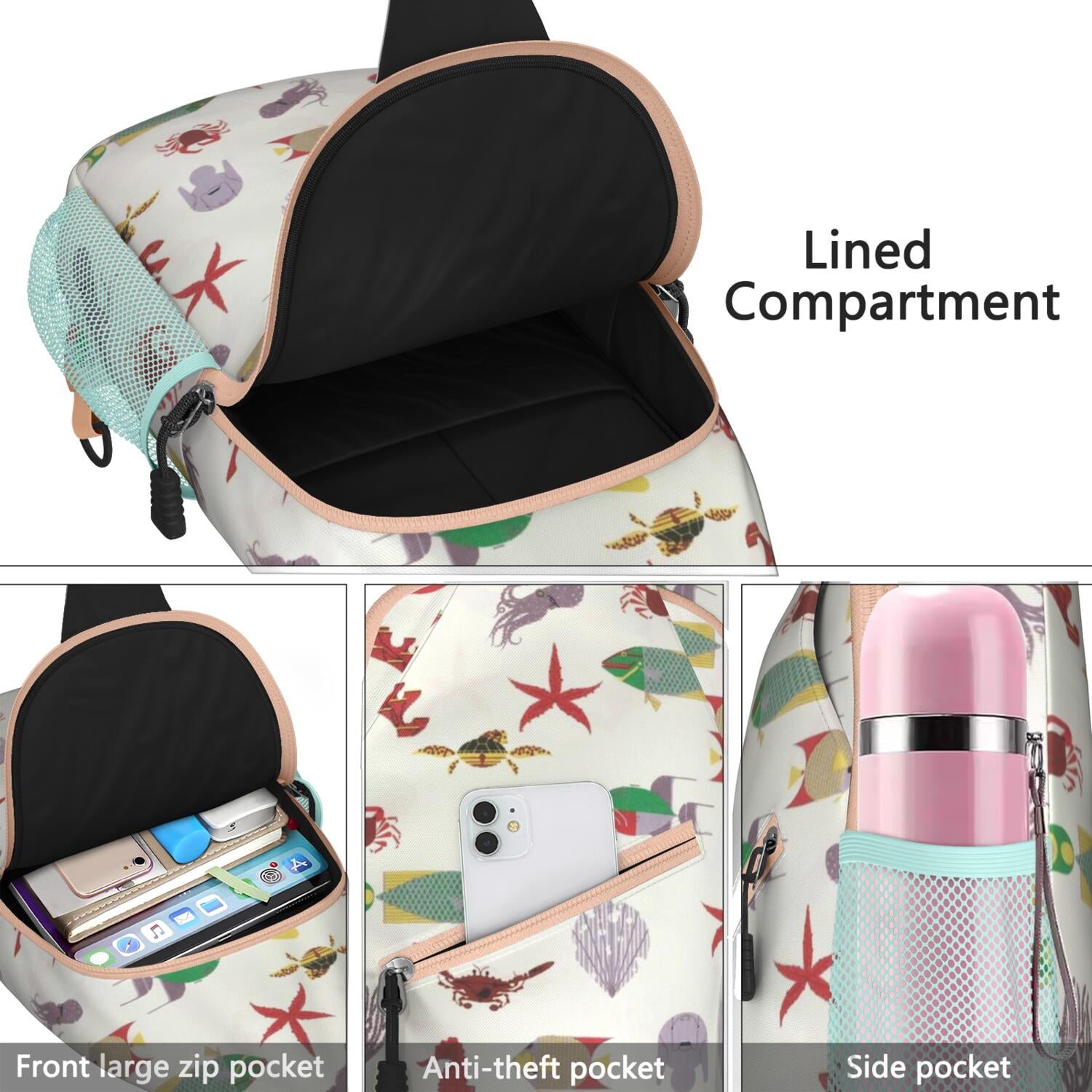 Marine Life Crossbody Bag - Ocean Themed Anti-Theft Shoulder Backpack for Travelers - Versatile Wear with Zipper Pockets for Summer Outdoor Activities