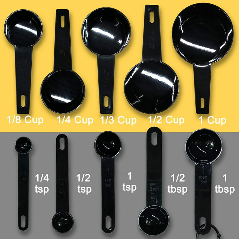 Black Measuring Cups and Measuring Spoons Set of 10pcs, Minimalist Modern Cups, Included 2 Pcs Kitchen Tool Hook Up. (Black)