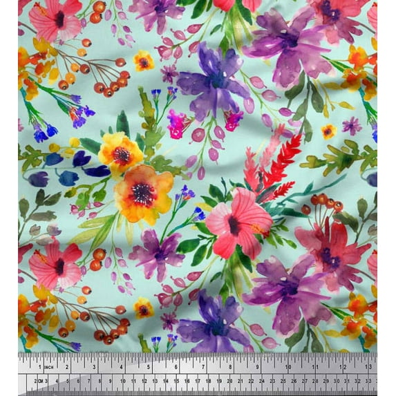 Soimoi Satin Silk Fabric Flower & Leaves Watercolor Print Sewing Fabric Yard 42 Inch Wide