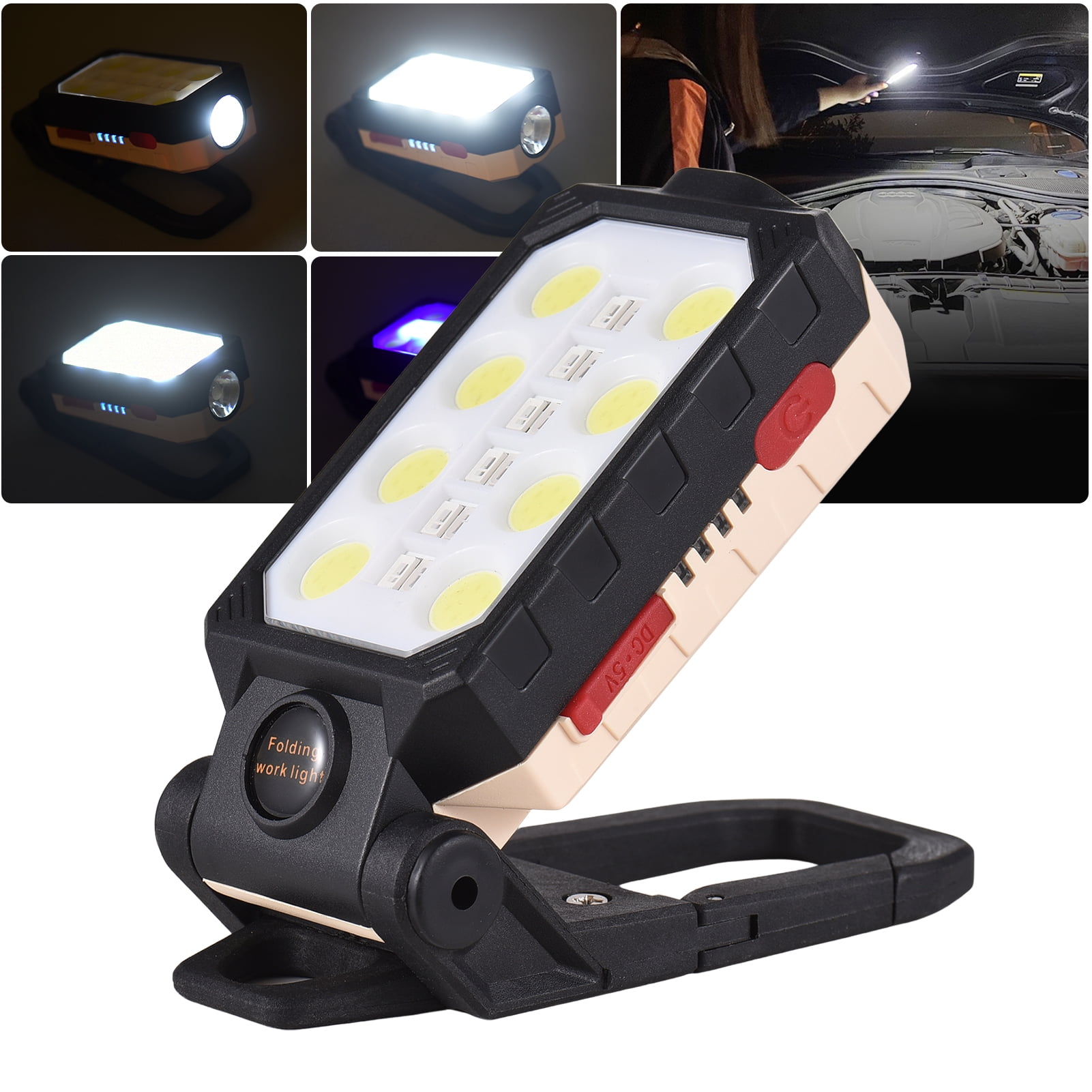 LED Work Light, Aoresac Rechargeable COB LED Magnetic Repair Work Flashlight, Portable Foldable Inspection Lamp Waterproof Floodlight with 4 Light Modes for Car Repairing/Workshop/Garage/Camping