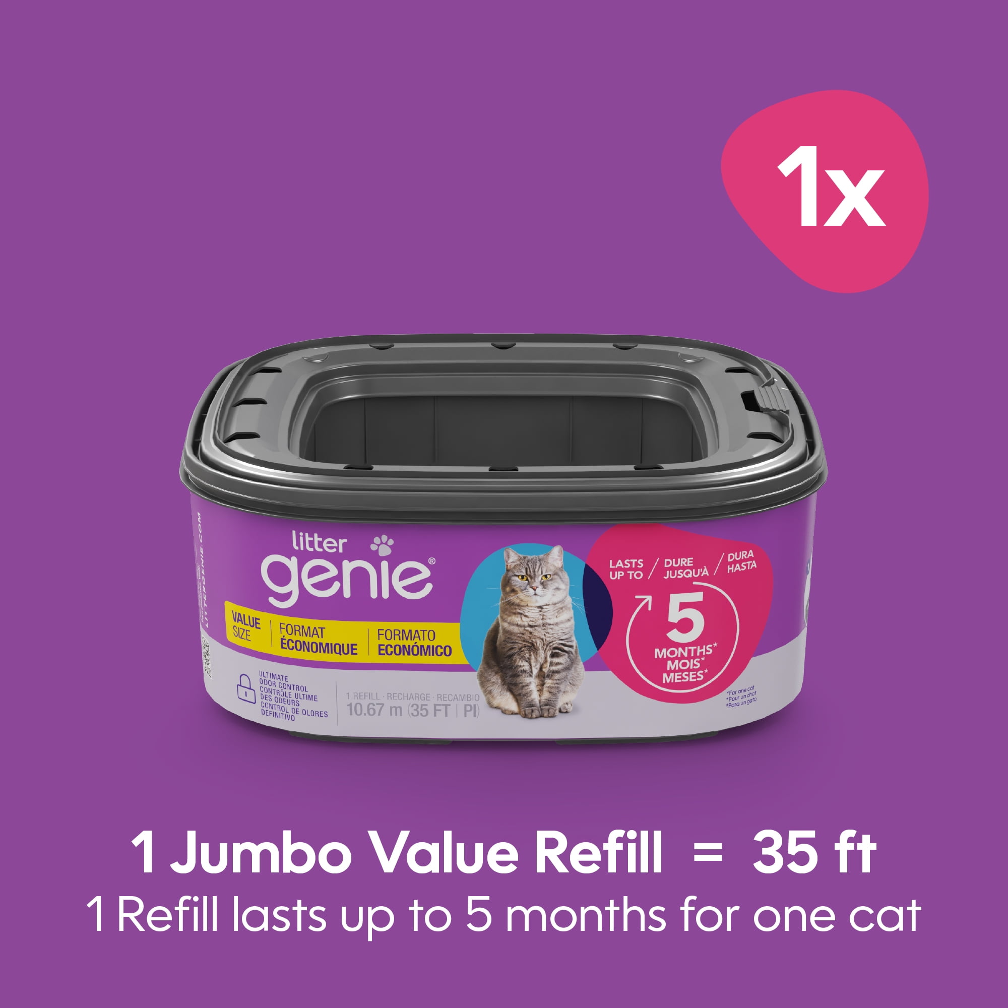 Litter Genie Cat Litter Disposal Jumbo refill, Value Pack, lasts up to 5 months, 35ft