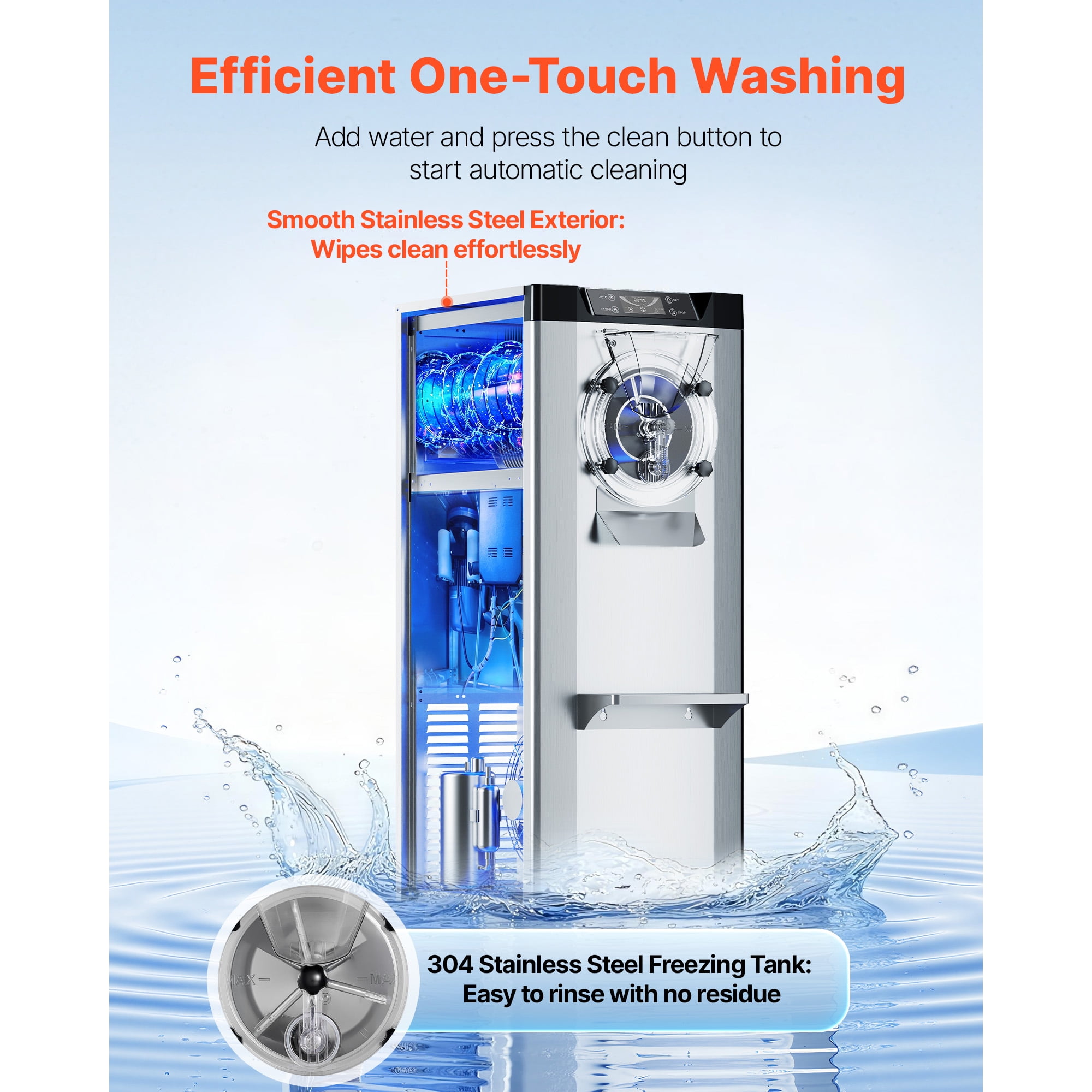 KFFKFF Commercial Hard Ice Cream Maker, 2400W, Produces 3.17-5.28 Gallons per Hour, Gelato Machine with 10L Stainless Steel Cylinder, Auto-Clean Function and LED Control Panel for Snack Bars
