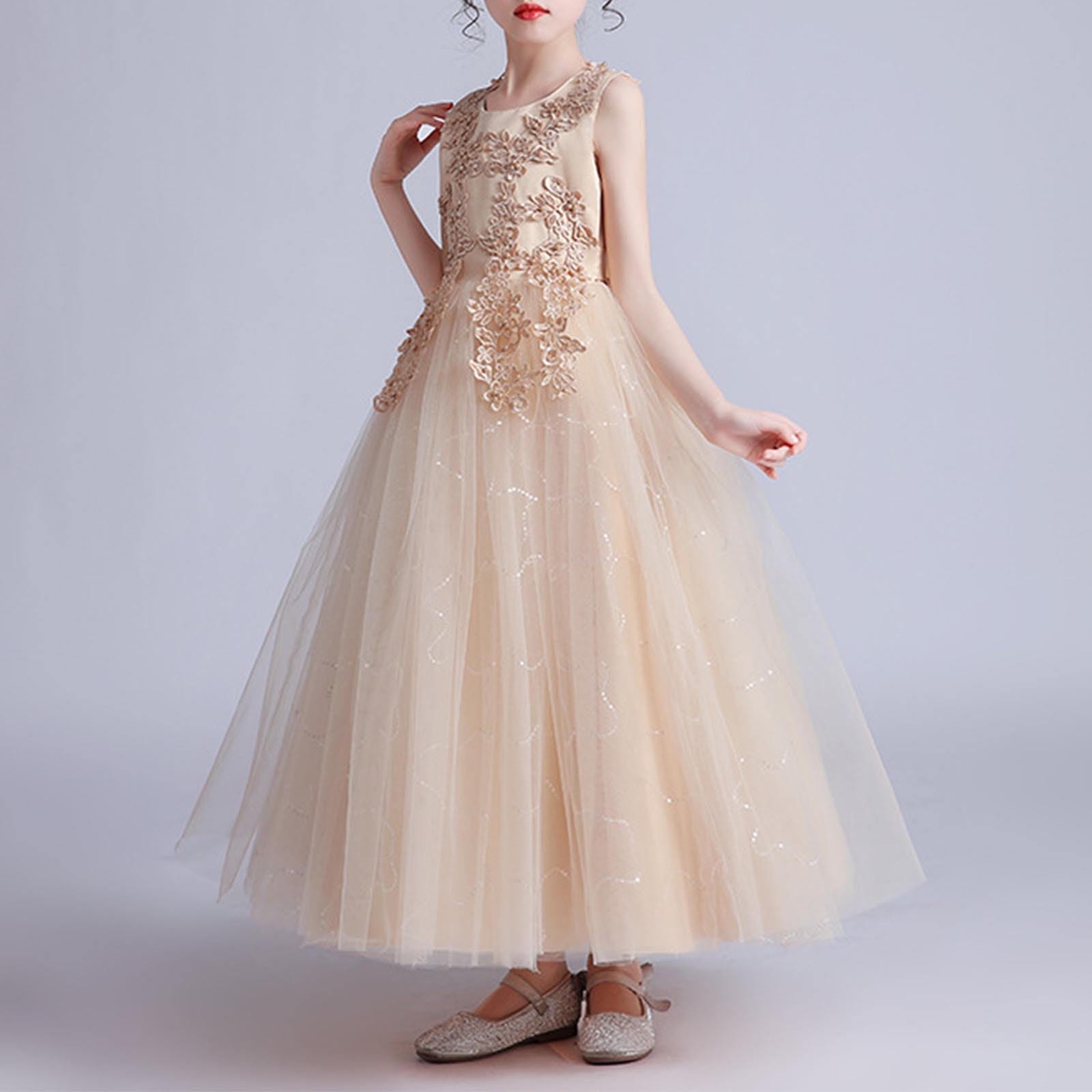 Big Girls Prom Dresses Size 4-14 Sleeveless Crewneck Teens Kids Formal Solid A-Line Layered-Tulle Elegant Graduation Evening Party Maxi Dress