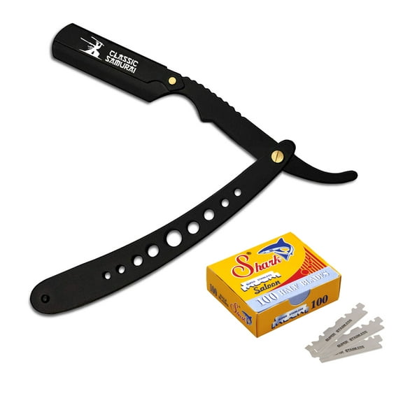 CS Matte Black New Ergonomic Design Folding Straight Razor, Shavette Manual Shaver Barber Salon with 100 Shark Single Edge Razor Blades