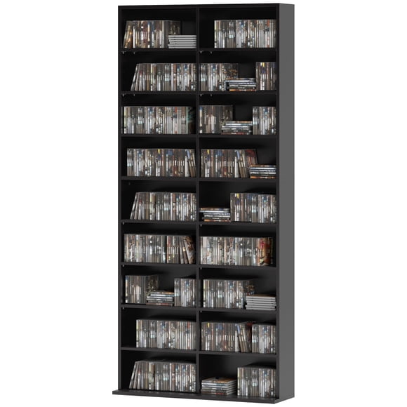 9-Tier Black Media Shelf - Adjustable CD & DVD Storage Rack | 68.9" Tall | Living Room, Office & Entryway Organization