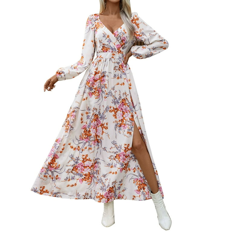 WXLWZYWL Fall Winter Dresses for Women 2024 Women's Fall Dress Long Sleeve Maxi Dress 2024 Trendy Plus Size V-Neck Holiday Casual Floral Printed Split WXLWZYWL Fall Winter Dresses for Women 2024 Women's Fall Dress Long Sleeve Maxi Dress 2024 Trendy Plus Size V-Neck Holiday Casual Floral Printed Split