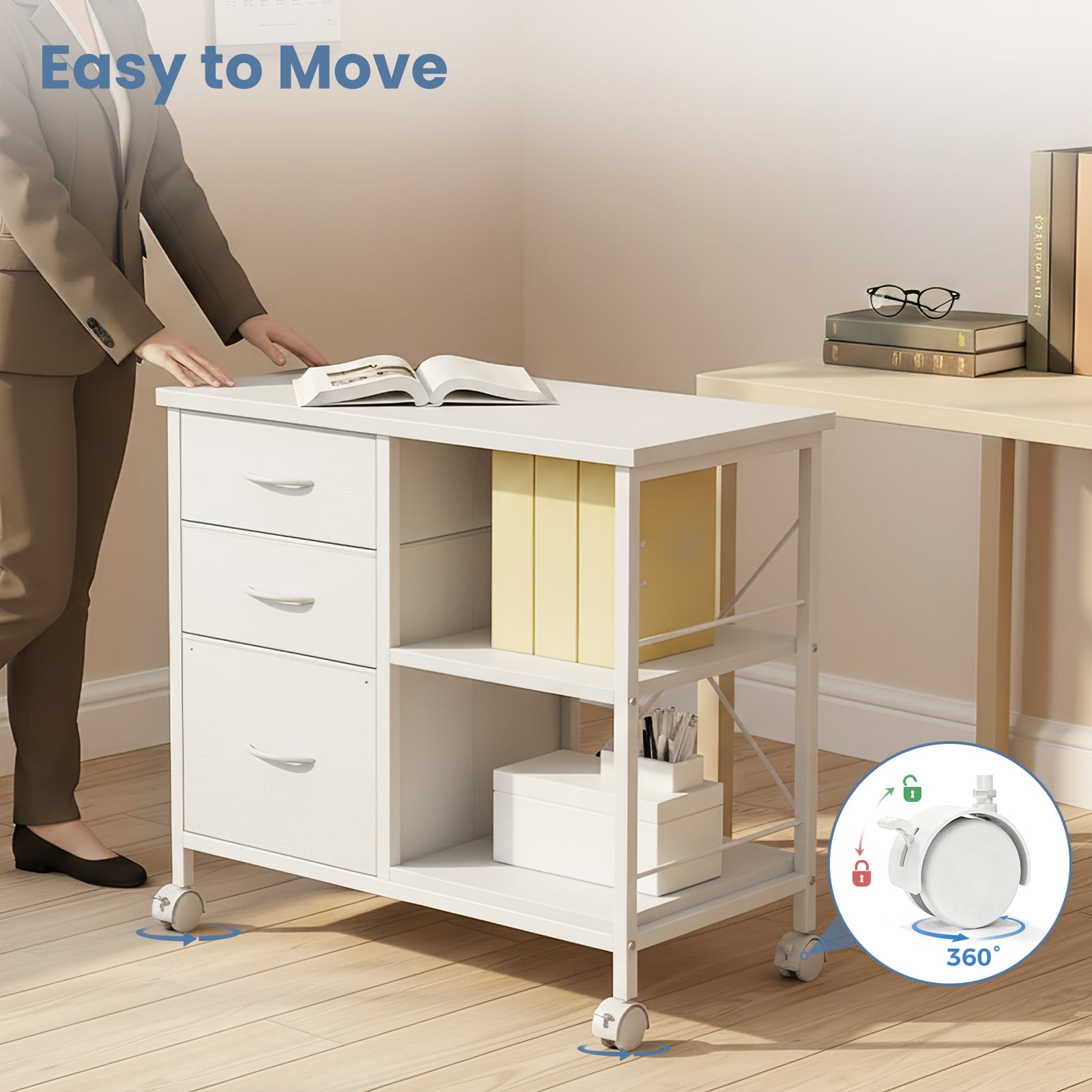 Gianna Rolling File Cabinet with 3 Drawers, Fabric Lateral Filing Storage for A4/Letter Size, Mobile Printer Stand with Open Shelf for Home Office, White