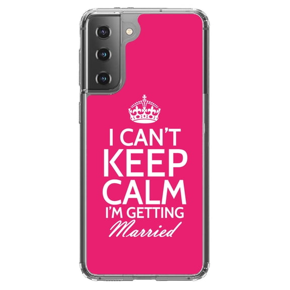 DistinctInk Clear Shockproof Hybrid Case for Galaxy S21  PLUS 5G (6.7" Screen) - TPU Bumper, Acrylic Back, Tempered Glass Screen Protector - Can't Keep Calm I'm Getting Married