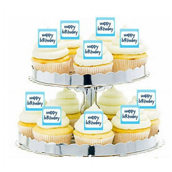 24pk Happy Birthday Blue Stripes Edible Cupcake Decoration Toppers / Picks