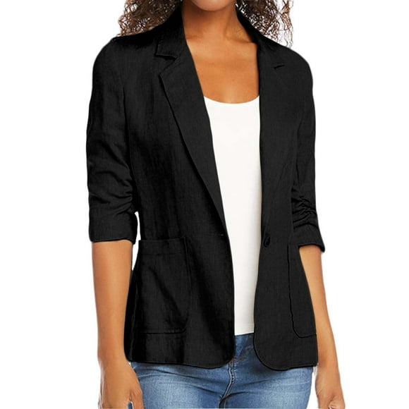 EGNMCR Womens Blazer Jackets, Long Sleeve Lapel Open Front Pockets, Casual Work Office Blazers Fashion Women Turn Down Collar 3/4 Sleeve Casual Coat Cardigan Blouse Women's cotton and linen jacket