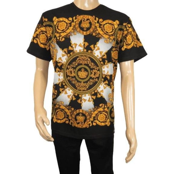 Men LAVERITA European Fashion Crew Shirt Rhine Stones Crown Florals 12089 Black