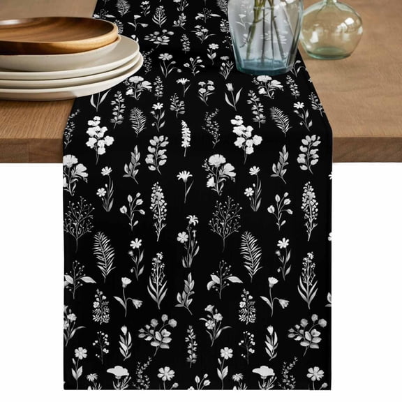 Black Wildflowers Short Table Runner 60 Inches Long,Farmhouse Botanical Garden Floral Cotton Linen Table Runners Dresser Scarves,Fabric Tabletop Scarf Furniture Cover for Home Dinner Party 13"x60"