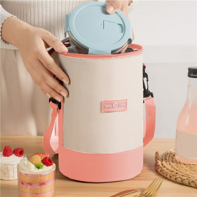ZZkhGO Insulated Lunch Bag Cylinder, Multi-Layer Thermal Bento Box for Work School, Large Capacity Handheld Lunch Tote with Shoulder Strap