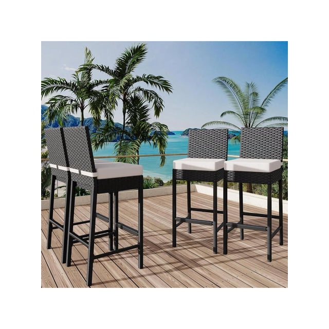 Ourlova Patio Wicker Barstools With Cushions Outdoor Wicker Bar Stools Set Of 4 Outdoor Rattan Bar Height Stool Set Armless For Backyard Poolside