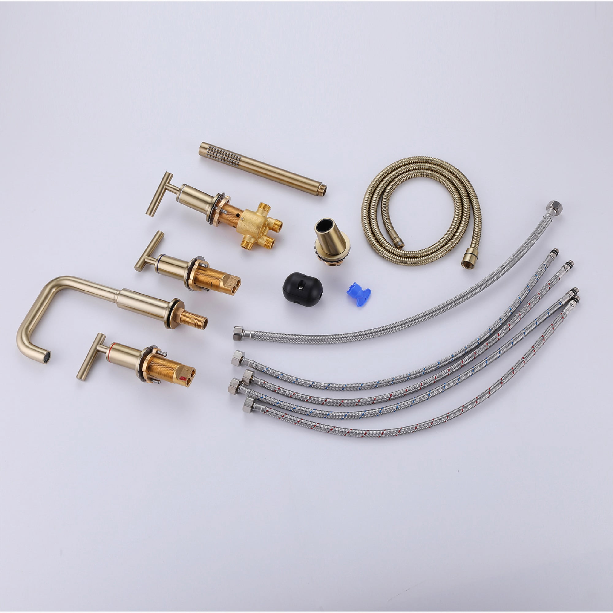 Solid Brass Roman Bathroom Bathtub Faucet with Hand Shower, Three Lever Handle Deck Mounted Tub Filler