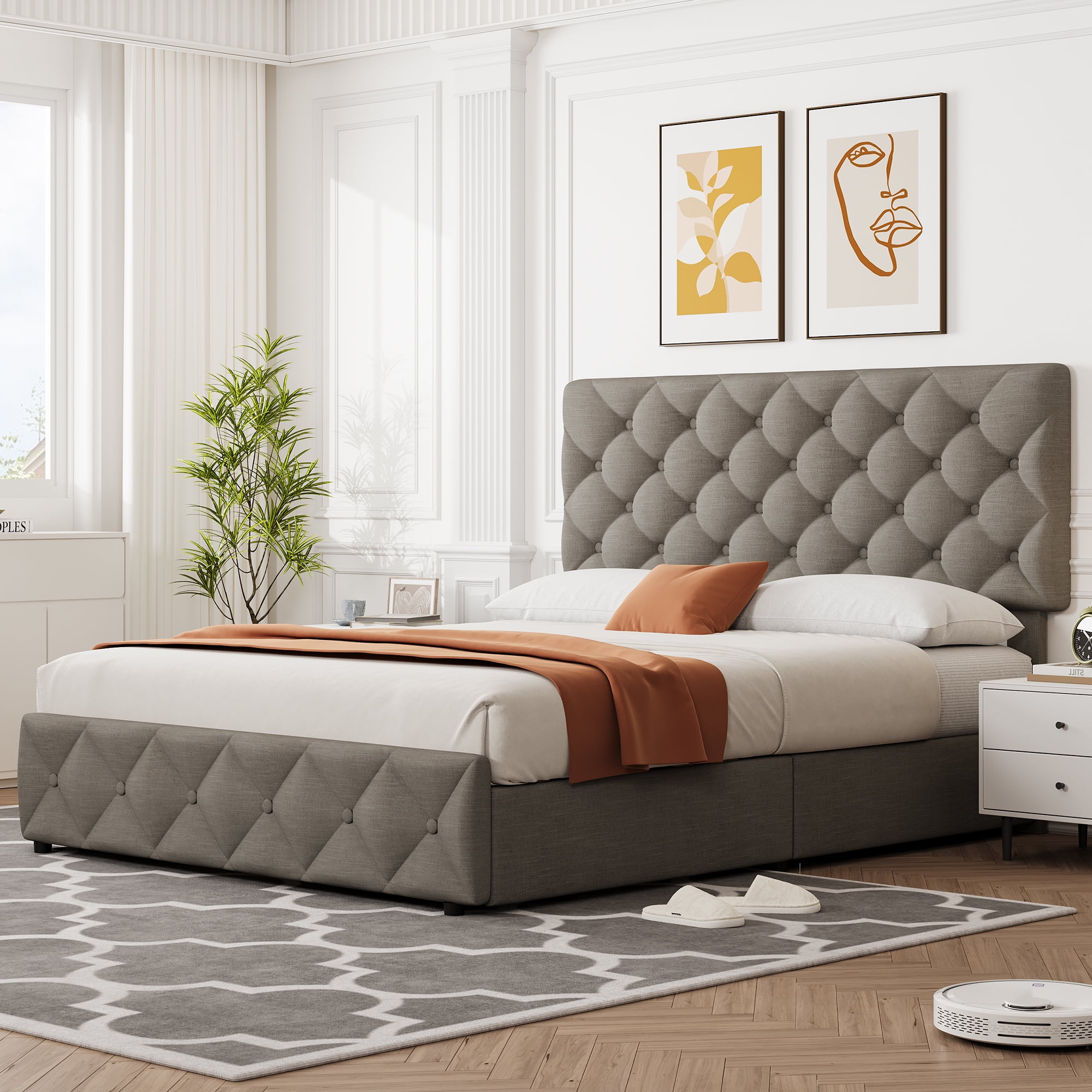 Queen Size Bed Frame with 4 Storage Drawers, Linen Upholstered Platform Bed Frame with Adjustable Headboard, Diamond Stitched Button Tufted, No Box Spring Needed, Light Grey