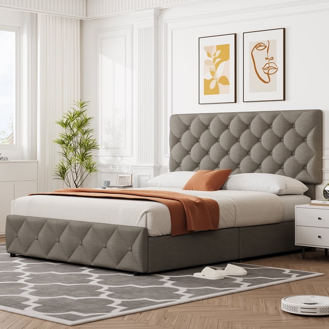 Modern Storage Solution Bed Frame - Upholstered Platform with 4 Drawers, Adjustable Button Tufted Headboard, No Box Spring Needed - Queen, Light Grey (YS188-4)
