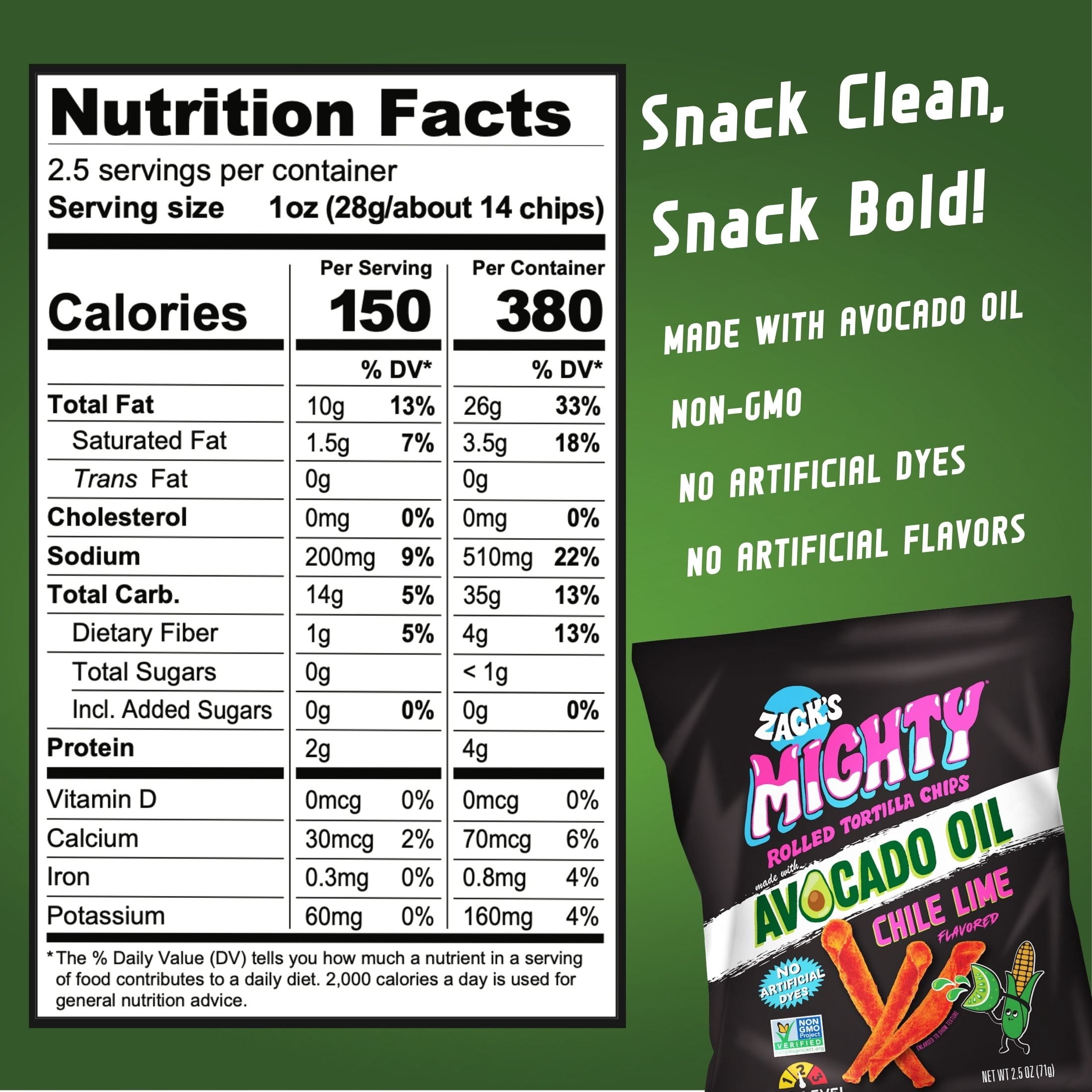 Zack's Mighty Avocado Oil Rolled Tortilla Chips - Chile Lime, 2.5 oz. Film Bag, No Artificial Colors or Dye